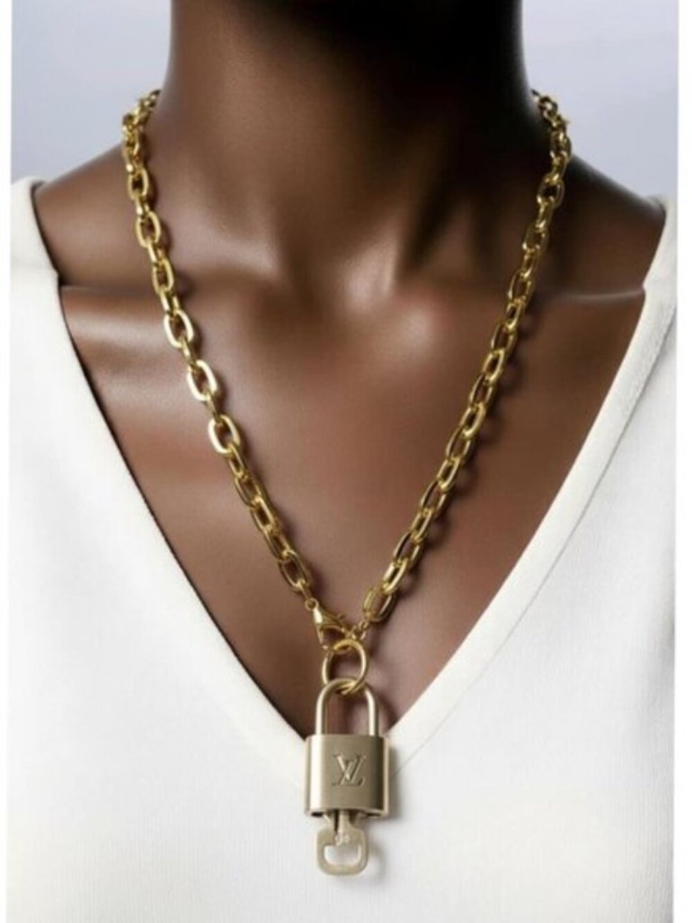 Stainless Steel Gold-Plated Necklace with Authentic Louis Vuitton Padlock